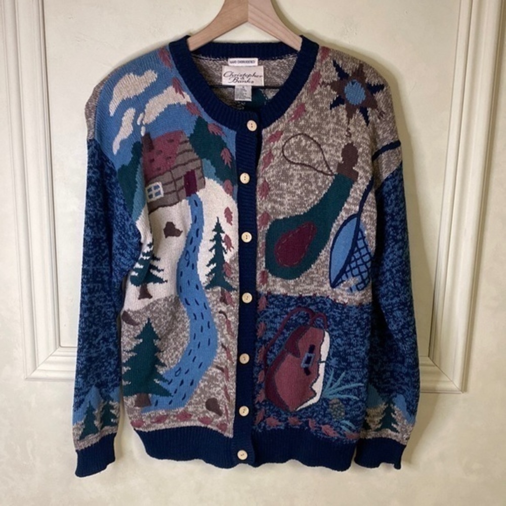 Vintage Christopher & Banks Hand Embroidered Cabin Scene Cardigan Sweater Medium